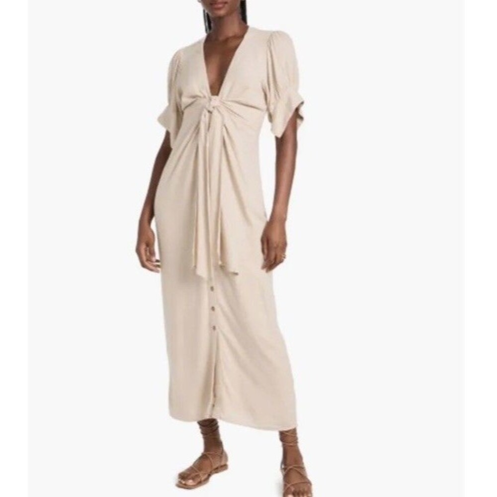 Free People Vintage Summer Midi Dress Buttondown Knotted Puff Sleeve LINEN L